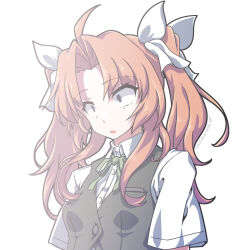 Rule 34 | 1girl, 547th sy, ahoge, brown hair, collared shirt, commentary request, dilated pupils, dress shirt, green ribbon, grey vest, hair ribbon, kagerou (kancolle), kantai collection, neck ribbon, ribbon, shirt, solo, twintails, upper body, vest, white ribbon, white shirt