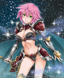 Rule 34 | armor, bikini armor, green eyes, pink hair, smile, sword, weapon, yajou hirarin