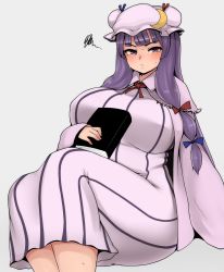 Rule 34 | &gt;:/, 1girl, :/, blush, book, breasts, capelet, dress, fat, hat, highres, huge breasts, invisible chair, long hair, looking at viewer, mob cap, oozon (ozon), patchouli knowledge, plump, purple eyes, purple hair, sidelocks, sitting, solo, squiggle, striped clothes, striped dress, sweat, thick thighs, thighs, touhou, v-shaped eyebrows, very long hair, wide hips