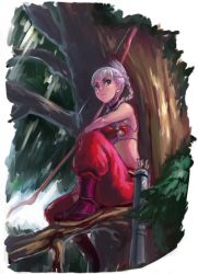 Rule 34 | 1girl, arrow (projectile), blonde hair, blue eyes, bow, bow (weapon), braid, midriff, pants, pink hair, quiver, sandals, shu-mai, single braid, sitting, solo, tree, weapon