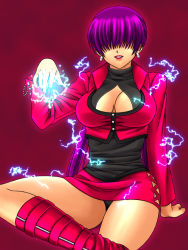Rule 34 | 1girl, arm support, boots, breasts, cleavage, cleavage cutout, clothing cutout, cropped jacket, earrings, hair over eyes, jewelry, large breasts, leotard, lightning, lipstick, makeup, miniskirt, orochi shermie, pink footwear, pluco, purple hair, shermie (kof), simple background, sitting, skirt, solo, split ponytail, the king of fighters, turtleneck, twintails