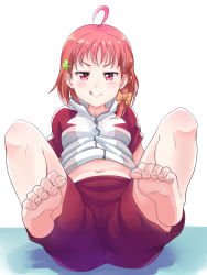Rule 34 | 10s, 1girl, :q, ahoge, arm support, barefoot, bow, braid, feet, gym uniform, hair bow, hair ornament, hairclip, highres, kanabun, looking at viewer, love live!, love live! sunshine!!, midriff, navel, orange hair, red eyes, short hair, shorts, sitting, soles, solo, takami chika, toes, tongue, tongue out, white background