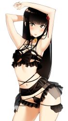 Rule 34 | 1girl, armpits, arms up, black bow, black bra, black eyes, black hair, black panties, blunt bangs, blush, bow, bra, bright pupils, commentary, commission, contrapposto, cowboy shot, english commentary, hair ribbon, halphelt, hands up, long hair, looking at viewer, miniskirt, navel, panties, parted lips, persona, persona 5, red ribbon, revealing clothes, ribbon, see-through, see-through skirt, showgirl skirt, simple background, skirt, smile, solo, tougou hifumi, underwear, white background, white pupils