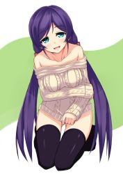 Rule 34 | 10s, 1girl, aran sweater, bare shoulders, black thighhighs, blue eyes, blush, breasts, cable knit, collarbone, highres, large breasts, long hair, looking at viewer, love live!, love live! school idol project, naked sweater, off-shoulder, off-shoulder sweater, off shoulder, ponkotsu (ayarosu), purple hair, smile, solo, sweater, thighhighs, tojo nozomi, twintails, zettai ryouiki