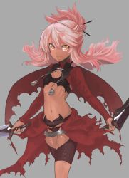 Rule 34 | 1girl, breasts, breasts apart, cape, chloe von einzbern, closed mouth, dark-skinned female, dark skin, dual wielding, fate/kaleid liner prisma illya, fate (series), hair between eyes, hayami ritsu, holding, long hair, long sleeves, looking at viewer, midriff, navel, outstretched arms, pink hair, silver background, simple background, small breasts, smile, solo, stomach, tassel, v-shaped eyebrows, yellow eyes