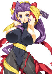 Rule 34 | 1girl, areola slip, armpits, arms behind head, arms up, breasts, capcom, card, covered erect nipples, female focus, huge breasts, leotard, looking at viewer, pantyhose, parted lips, purple eyes, purple hair, rose (street fighter), shawl, sleeveless, smash daisaku, solo, street fighter, torn clothes