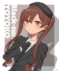Rule 34 | 1girl, beret, black gloves, black suit, bocchi the rock!, brown hair, dated, earrings, formal, gloves, hat, jewelry, ootsuki yoyoko, red eyes, solo focus, suit, twintails, twitter username, xalice22