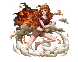 Rule 34 | 1girl, aged down, barefoot, boa marigold, bodskih, crying, curly hair, fire, long hair, midriff, navel, official art, one piece, one piece treasure cruise, open mouth, orange hair, solo, teeth, torn clothes, transparent background