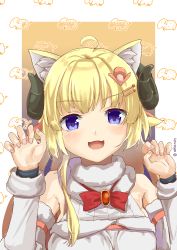 Rule 34 | 1girl, :d, absurdres, ahoge, animal ear fluff, animal ears, bare shoulders, blush, bow, breasts, cat ears, claw pose, commentary request, curled horns, detached sleeves, fur-trimmed sleeves, fur trim, hair ornament, hairclip, hands up, highres, hololive, horns, kemonomimi mode, long hair, medium breasts, nail polish, ohiensis, open mouth, pink nails, purple eyes, red bow, sheep ears, sheep girl, sheep horns, smile, solo, tsunomaki watame, tsunomaki watame (1st costume), twitter username, upper body, v-shaped eyebrows, virtual youtuber, white sleeves