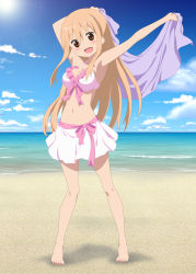 Rule 34 | 10s, 1girl, :d, armpits, barefoot, beach, bikini, bikini skirt, blonde hair, blush, breasts, brown eyes, cleavage, cloud, day, doma umaru, front-tie top, highres, himouto! umaru-chan, lens flare, long hair, long legs, medium breasts, navel, ocean, open mouth, outdoors, outstretched arm, sky, smile, smile (rz), solo, standing, sunlight, swimsuit, water
