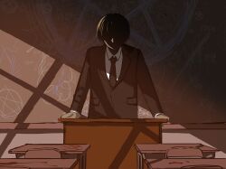 Rule 34 | 1boy, arm support, black jacket, black necktie, brown hair, chalkboard, classroom, collared shirt, commentary request, face in shadow, facing viewer, formal, highres, hitomi hirosuke (sayonara wo oshiete), indoors, jacket, kunikida kunio, leaning forward, long sleeves, male focus, necktie, pentagram, podium, sayonara wo oshiete, scribble, shadow, shirt, short hair, solo, standing, suit, suit jacket, translation request, white shirt, window shadow