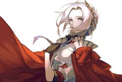 Rule 34 | 1girl, alternate hairstyle, armor, axe, breastplate, breasts, cape, edelgard von hresvelg, fire emblem, fire emblem: three houses, fire emblem warriors, fire emblem warriors: three hopes, gloves, hair ornament, hair ribbon, highres, kashia, long hair, long sleeves, looking at viewer, nintendo, official alternate costume, official alternate hairstyle, purple eyes, red cape, ribbon, simple background, skirt, solo, weapon, white hair