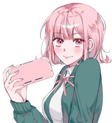 Rule 34 | 1girl, blush, breasts, closed mouth, collared shirt, commentary request, danganronpa (series), danganronpa 2: goodbye despair, flipped hair, from side, green jacket, hair ornament, hairclip, handheld game console, hari (harii s2), highres, holding, holding handheld game console, hood, jacket, long sleeves, looking at viewer, medium breasts, medium hair, nanami chiaki, nintendo switch lite, open clothes, open jacket, pink eyes, pink hair, pink neckwear, pink ribbon, ribbon, shirt, simple background, smile, solo, upper body, white background, white shirt