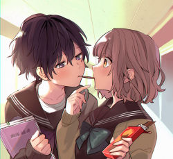 Rule 34 | 2girls, black hair, black serafuku, blurry, blurry background, blush, book, bookmark, bow, bowtie, box, brown eyes, brown hair, cardigan, eye contact, food, green bow, green neckwear, half-closed eyes, head tilt, holding, holding book, long sleeves, looking at another, mouth hold, multiple girls, open cardigan, open clothes, original, pocky, pocky kiss, pointing, pointing at self, purple bow, purple eyes, purple neckwear, school uniform, serafuku, shared food, short hair, sleeves past wrists, undershirt, vanilla (miotanntann), yuri