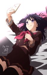 Rule 34 | 1girl, arm up, bed sheet, black hair, black thighhighs, blush, breasts, brown shirt, brown skirt, cellphone, closed mouth, dated, hibike! euphonium, highres, holding, holding phone, kitauji high school uniform, kousaka reina, long hair, long sleeves, lying, medium breasts, neckerchief, nii manabu, on back, on bed, outstretched arm, phone, pillow, pleated skirt, purple eyes, red neckerchief, school uniform, selfie, shirt, signature, skirt, smartphone, smile, solo, thighhighs, zettai ryouiki