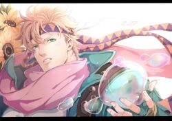 Rule 34 | 1boy, battle tendency, blonde hair, caesar anthonio zeppeli, dated, facial mark, feather hair ornament, feathers, fingerless gloves, flower, gloves, green eyes, hair ornament, headband, highres, hydrokinesis, jojo no kimyou na bouken, male focus, r9exx, soap bubbles, solo, sunflower, triangle print, water