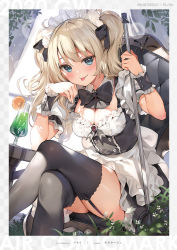 Rule 34 | 1girl, :p, apron, black thighhighs, blue eyes, blurry, blurry foreground, blush, bokeh, bow, breasts, cleavage, crossed legs, depth of field, drink, dutch angle, garter straps, glint, highres, leaning forward, light brown hair, light particles, long hair, looking at viewer, maid, maid headdress, medium breasts, mop, original, parsley-f, sitting, smile, solo, thighhighs, tongue, tongue out, twintails, waist apron, wrist cuffs