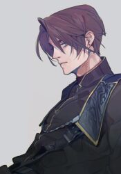 Rule 34 | 1boy, black jacket, blue eyes, brown hair, earrings, facing to the side, final fantasy, final fantasy viii, grey background, highres, jacket, jewelry, leaning back, looking at viewer, male focus, military, military uniform, nini tw99, official alternate costume, parted bangs, scar, scar on face, scar on forehead, school uniform, seed uniform (ff8), short hair, single earring, solo, squall leonhart, uniform, upper body