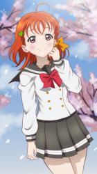 Rule 34 | 10s, 1girl, ahoge, bow, bowtie, braid, buttons, cherry blossoms, clover hair ornament, cowboy shot, double-breasted, hair bow, hair ornament, hair ribbon, long sleeves, looking at viewer, love live!, love live! sunshine!!, onomekaman, orange hair, pleated skirt, red bow, red bowtie, red eyes, ribbon, school uniform, serafuku, short hair, side braid, skirt, smile, solo, takami chika, yellow bow
