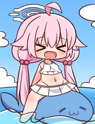 Rule 34 | &gt; &lt;, 1girl, :d, > <, ahoge, bare arms, bare shoulders, barefoot, bikini, blue archive, blue sky, blush, breasts, chibi, closed eyes, cloud, collarbone, day, facing viewer, fang, frilled bikini, frills, full body, groin, hair between eyes, hair bobbles, hair ornament, halo, hana kazari, highres, horizon, hoshino (blue archive), hoshino (swimsuit) (blue archive), inflatable dolphin, inflatable toy, long hair, low twintails, navel, ocean, open mouth, outdoors, pink hair, sitting, sky, small breasts, smile, solo, straddling, swimsuit, twintails, very long hair, water, white bikini, xd