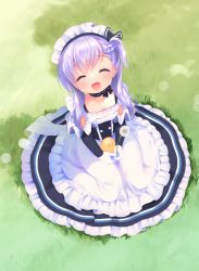 Rule 34 | 1girl, :d, ^ ^, aged down, apron, azur lane, belfast (azur lane), bird, black dress, blush, braid, chick, closed eyes, collarbone, day, dress, dutch angle, frilled apron, frilled dress, frills, gloves, grass, hair between eyes, holding, long hair, looking at viewer, maid headdress, on grass, open mouth, outdoors, piyodera mucha, purple hair, sitting, smile, solo, waist apron, white apron, white gloves