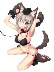 Rule 34 | 10s, 1girl, absurdres, animal ears, blue eyes, blush, breasts, cleavage, collar, dog ears, dog tail, full body, girls und panzer, grey hair, highres, itsumi erika, leash, long hair, looking at viewer, mattsuu, medium breasts, pet play, simple background, sitting, solo, tail, white background