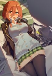 Rule 34 | 1girl, bag, bed, black jacket, black pantyhose, blazer, blue cardigan, blue eyes, breasts, brown hair, buttons, cardigan, clothes pull, collared shirt, covering own mouth, ddt (darktrident), go-toubun no hanayome, green skirt, hair between eyes, hand up, headphones, headphones around neck, highres, jacket, large breasts, long hair, long sleeves, looking at viewer, lying, miniskirt, nakano miku, notebook, on back, on bed, open clothes, open jacket, pantyhose, pantyhose pull, pillow, plaid, plaid skirt, pleated skirt, school bag, school uniform, shirt, skirt, sleeves past wrists, solo, undershirt, white shirt, wing collar