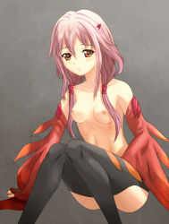 Rule 34 | 10s, 1girl, black thighhighs, blush, breasts, elbow gloves, fingerless gloves, gloves, guilty crown, hair ornament, hairclip, long hair, looking at viewer, man dam, nipples, pink hair, red eyes, sitting, solo, thighhighs, topless, twintails, yuzuriha inori