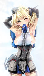 Rule 34 | 1girl, absurdres, armpits, black gloves, blonde hair, blue eyes, blue necktie, blush, braid, breasts, capelet, closed mouth, clothes in mouth, colorado (kancolle), covered erect nipples, dress, elbow gloves, garrison cap, gloves, grey dress, grey hat, hair between eyes, hat, headgear, highres, kantai collection, large breasts, looking at viewer, necktie, pantyhose, pleated dress, saiki banjo, shirt, short hair, side braids, sideboob, sleeveless, smile, solo, torn clothes, torn pantyhose, white shirt
