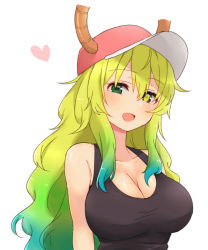 Rule 34 | 10s, 1girl, :d, bad id, bad pixiv id, blush, breasts, cleavage, dragon girl, dragon horns, gradient hair, green eyes, green hair, hat, heart, heterochromia, highres, horns, kobayashi-san chi no maidragon, large breasts, long hair, lucoa (maidragon), multicolored hair, open mouth, purple eyes, simple background, smile, solo, sorimachi-doufu, upper body, white background, yellow pupils