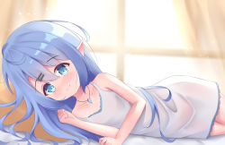 Rule 34 | 1girl, bed, blue eyes, blue hair, blush, dress, elf, hair ornament, hairclip, highres, indoors, jewelry, kianata, long hair, looking at viewer, lying, on bed, on side, original, pendant, pillow, pointy ears, pov across bed, short dress, smile, solo, sundress, white dress, window