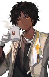 Rule 34 | 1boy, arknights, black hair, black shirt, brown jacket, commentary request, cup, dark-skinned male, dark skin, highres, holding, holding cup, imemi fryme, jacket, looking at viewer, male focus, mug, orange eyes, shirt, short hair, simple background, smile, solo, steam, thorns (arknights), undershirt, upper body, white background, white shirt