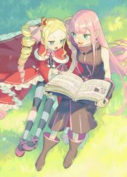 Rule 34 | 2girls, aged up, alternate universe, beatrice (re:zero), blonde hair, blue eyes, book, boots, brown footwear, capelet, child, commentary request, day, eyelashes, fur-trimmed capelet, fur trim, grass, highres, holding, holding book, long hair, multiple girls, open mouth, outdoors, pantyhose, parupin, pink hair, pointing, pointy ears, re:zero kara hajimeru isekai seikatsu, reading, red capelet, ryuzu meyer, shoes, sitting, sleeveless, smile, striped clothes, striped pantyhose, symbol-shaped pupils, tongue