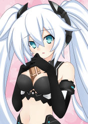 Rule 34 | 10s, 1girl, aqua eyes, between breasts, black heart (neptunia), blush, breasts, chocolate, elbow gloves, gloves, highres, holding own arm, meimu (infinity), neptune (series), noire (neptunia), solo, twintails, white hair