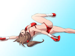 Rule 34 | 1girl, ass, beaten, bikini, boxing, boxing gloves, breasts, brown hair, cleavage, defeat, closed eyes, large breasts, original, ponytail, shamanwer, solo, swimsuit, thong, unconscious, underwear