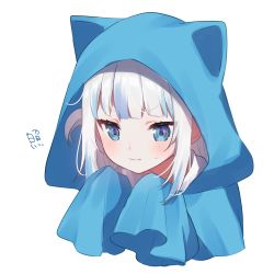 Rule 34 | 1girl, :i, alternate costume, blue eyes, blue hair, blue hoodie, blush, closed mouth, commentary, embarrassed, gawr gura, highres, hinakano h, hololive, hololive english, hood, hood up, hoodie, looking down, medium hair, multicolored hair, portrait, silver hair, simple background, sleeves past fingers, sleeves past wrists, solo, streaked hair, sweatdrop, translated, two-tone hair, virtual youtuber, white background
