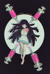 Rule 34 | 1girl, absurdres, akiko 141, bandaged arm, bandaged leg, bandages, black background, black hair, blood, blue skirt, character name, closed mouth, commentary request, danganronpa (series), danganronpa 2: goodbye despair, full body, hands up, highres, long hair, looking at viewer, oversized object, pink blood, pink eyes, pink footwear, pink shirt, puffy short sleeves, puffy sleeves, shirt, shoes, short sleeves, skirt, solo, syringe, thighhighs, tsumiki mikan, white background