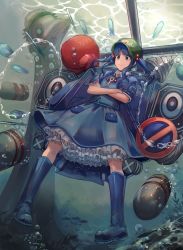 Rule 34 | 1girl, air bubble, akainoda, backpack, bag, blue footwear, blue hair, blue shirt, blue skirt, boots, boxing gloves, bubble, cabbie hat, commentary request, crossed arms, danmaku, dress, drill, fish, full body, gloves, green hat, hair bobbles, hair ornament, hat, highres, kawashiro nitori, key, knee boots, long hair, looking at viewer, no symbol, petticoat, pocket, puffy short sleeves, puffy sleeves, red gloves, revision, shirt, short sleeves, sidelocks, skirt, skirt set, smile, solo, torpedo, touhou, twintails, underwater, urban legend in limbo, wing collar
