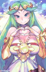 Rule 34 | 1girl, bare shoulders, blue sky, blush, breasts, cleavage, closed mouth, commentary, dress, english commentary, green eyes, green hair, heart, heart hands, jewelry, kid icarus, kid icarus uprising, large breasts, long hair, looking at viewer, medallion, nintendo, outdoors, palutena, sky, smile, solo, standing, tiara, twitter username, upper body, very long hair, white dress, woofycakes