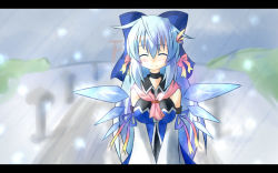 Rule 34 | 1girl, ^ ^, alternate costume, alternate hair length, alternate hairstyle, blue dress, blue hair, blush, bow, choker, cirno, detached sleeves, dress, closed eyes, hair bow, hair ribbon, ice, letterboxed, long hair, neckerchief, aged up, perfect cherry blossom, ribbon, smile, snow, solo, standing, touhou, wings, yurume atsushi