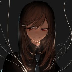 Rule 34 | 1girl, black shirt, blue necktie, brown hair, closed mouth, collared shirt, grey background, half-closed eyes, highres, long hair, looking at viewer, narue, necktie, original, red eyes, ringed eyes, shirt, simple background, smile, solo, wing collar