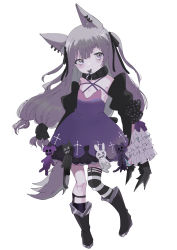 Rule 34 | 1girl, absurdres, animal ear fluff, animal ears, bad id, bad pixiv id, bare shoulders, black collar, black footwear, black ribbon, black thighhighs, boots, claws, closed mouth, collar, commentary request, cross, detached sleeves, dress, ear piercing, full body, grey hair, hair ribbon, head tilt, highres, juliet sleeves, kayanogura, latin cross, long hair, long sleeves, low-tied long hair, mouth hold, original, piercing, puffy sleeves, purple dress, purple eyes, ribbon, simple background, single sock, single thighhigh, socks, solo, standing, standing on one leg, striped clothes, striped socks, striped thighhighs, stuffed animal, stuffed cat, stuffed toy, thighhighs, thighhighs under boots, two side up, very long hair, white background, wide sleeves
