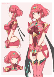 Rule 34 | absurdres, black gloves, breasts, chest jewel, earrings, fingerless gloves, gem, gloves, headpiece, highres, jewelry, large breasts, pyra (xenoblade), red eyes, red hair, red legwear, red shorts, ryochan96154, short hair, short shorts, shorts, simple background, swept bangs, thighhighs, tiara, white background, xenoblade chronicles (series), xenoblade chronicles 2