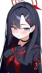 Rule 34 | 1girl, alpha beast, armband, black choker, black hair, black sailor collar, black serafuku, blue archive, blush, choker, closed mouth, female focus, hair ornament, hairclip, halo, highres, ichika (blue archive), long hair, long sleeves, looking at viewer, neckerchief, purple eyes, red armband, red halo, red neckerchief, sailor collar, school uniform, serafuku, simple background, smile, solo, upper body, white background