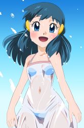 Rule 34 | 1girl, blue eyes, blue hair, creatures (company), dawn (pokemon), dress, game freak, hainchu, hair ornament, hairclip, highres, long hair, looking at viewer, nintendo, open mouth, pokemon, pokemon (anime), pokemon dppt (anime), smile, swimsuit, swimsuit under clothes, wet, wet clothes