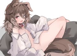 Rule 34 | 1girl, :d, absurdres, animal collar, animal ears, blue eyes, breasts, brown hair, collar, collared shirt, commission, dog ears, dog girl, dog tail, fang, hasuki rui, heterochromia, highres, indie virtual youtuber, long sleeves, looking at viewer, medium hair, mikozin, naked shirt, off shoulder, open clothes, open mouth, open shirt, oversized clothes, red eyes, shirt, skeb commission, skin fang, sleeves past fingers, sleeves past wrists, small breasts, smile, tail, virtual youtuber, white shirt