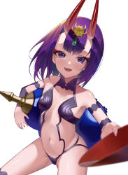 Rule 34 | 1girl, :d, absurdres, bare shoulders, bisco (bisco art), bob cut, breasts, cup, eyelashes, eyeliner, fangs, fate/grand order, fate (series), headpiece, highres, horns, jewelry, looking at viewer, makeup, mascara, oni, open mouth, purple eyes, purple hair, revealing clothes, sakazuki, short hair, shuten douji (fate), simple background, sitting, skin-covered horns, small breasts, smile, solo, white background