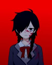 Rule 34 | 1girl, bags under eyes, black eyes, black hair, blood, blood on clothes, blood on face, bow, bowtie, braid, collared shirt, funamusea, hair over one eye, jitome, kurai yonaka, long hair, looking at viewer, meeako, mogeko castle, red background, school uniform, shirt, solo, straight-on, twin braids, upper body