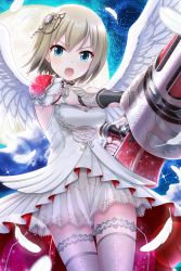 Rule 34 | 1girl, absurdres, alternative girls, angel wings, armlet, blonde hair, blue eyes, dress, full moon, hair ornament, highres, holding, holding weapon, looking at viewer, moon, night, night sky, official art, open mouth, short hair, sky, solo, star (sky), starry sky, sylvia richter, weapon, white dress, white legwear, wings