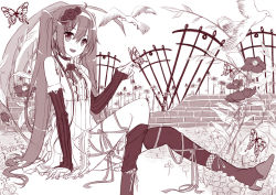 Rule 34 | 1girl, arm support, bad id, bad pixiv id, bird, boots, bug, butterfly, choker, detached sleeves, female focus, flower, hair flower, hair ornament, hatachi, hatsune miku, high heels, bug, long hair, monochrome, open mouth, plant, ribbon, shoes, sitting, solo, thighhighs, twintails, very long hair, vocaloid